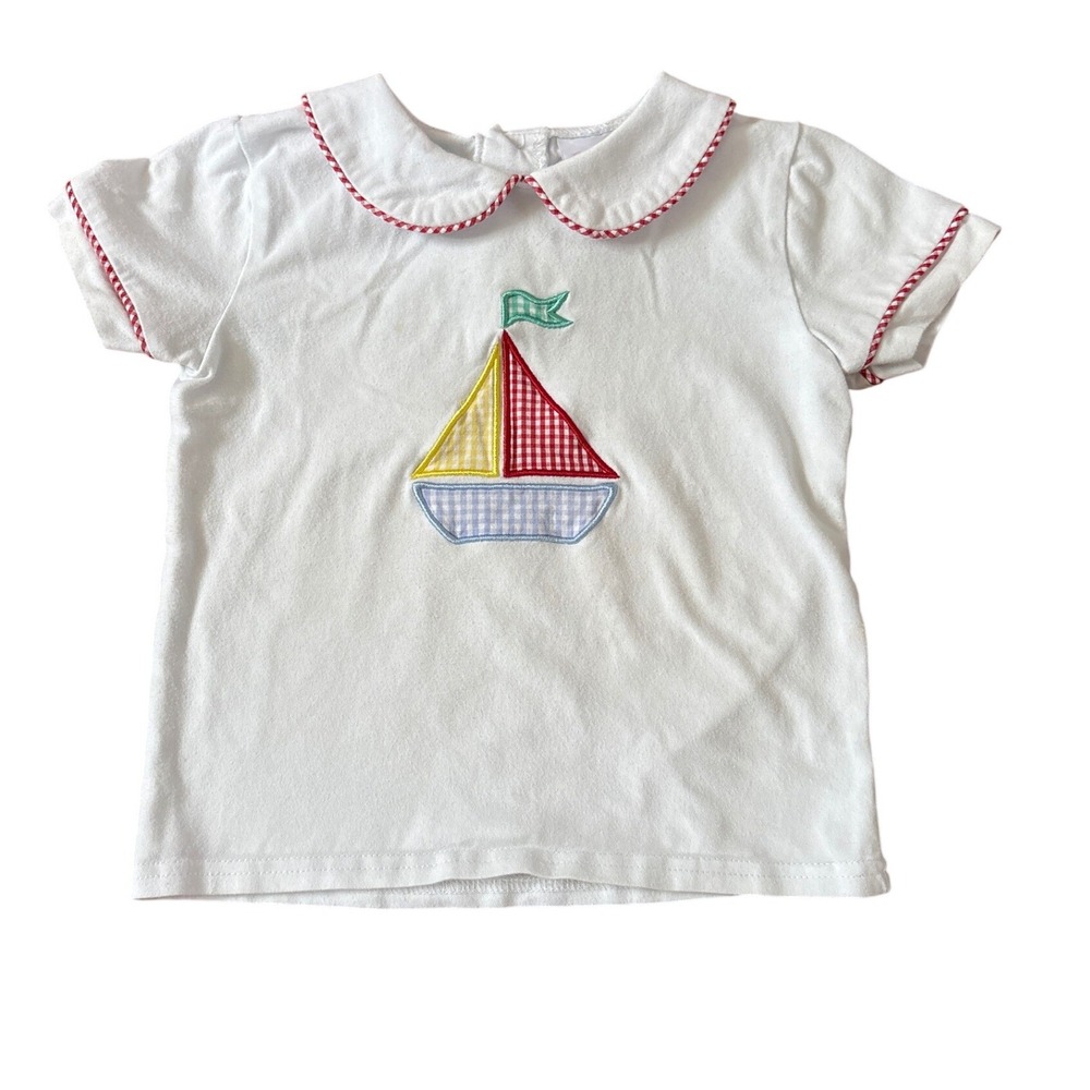 Stitchy Fish Sailboat Shirt Boys White Nautical Peter Pan Collar SIZE 4T